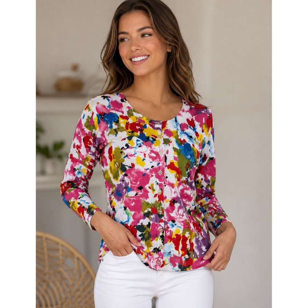 Josephine Cardigan Womens Medium Artsy Abstract Botanical Dopamine Watercolor